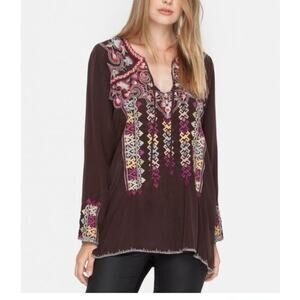 Johnny Was Biya Silk Tunic Blouse Embroidered Size Small Preppy Trendy